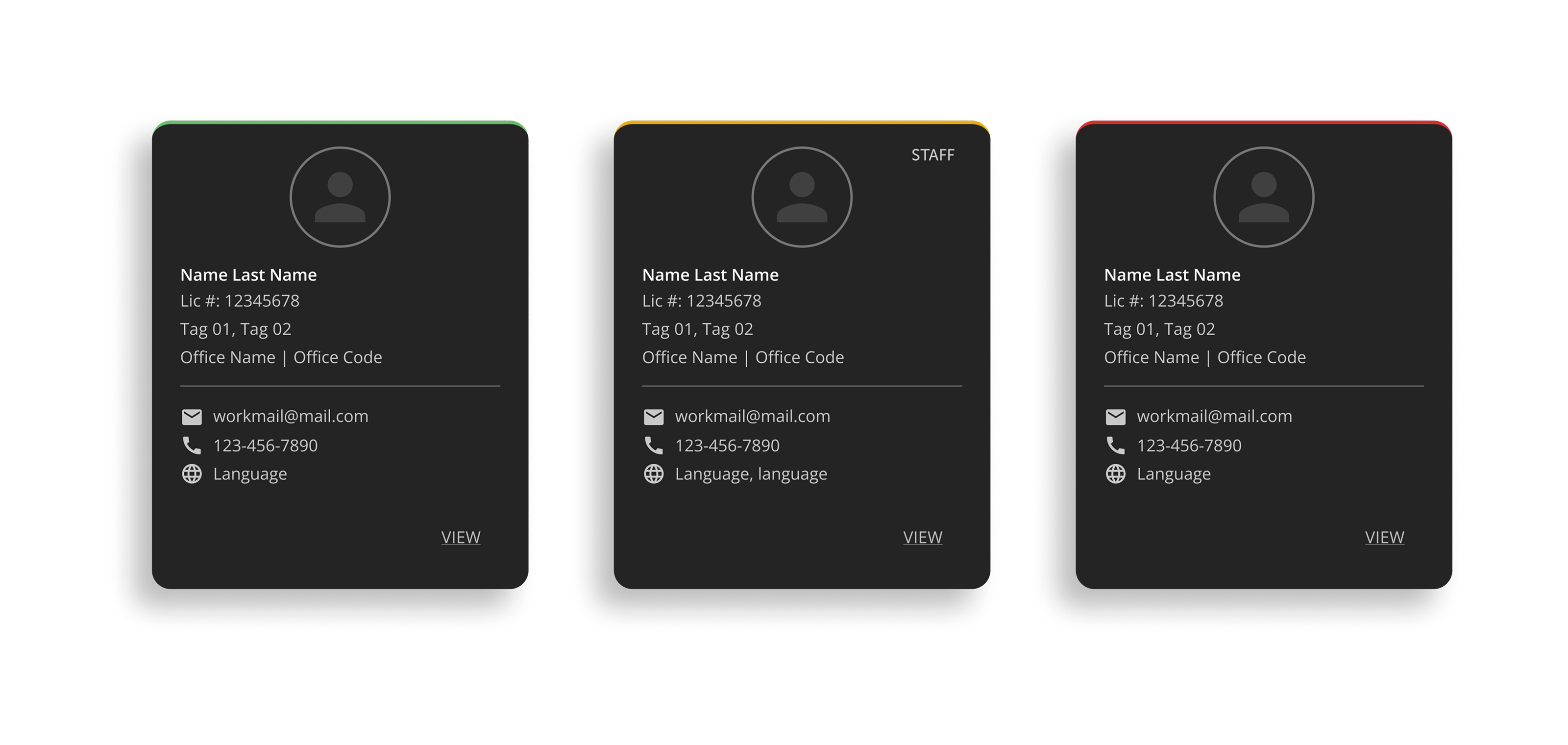Member directory cards showing a status color indicator carried from each profile, so membership status reads across the whole office at a glance.