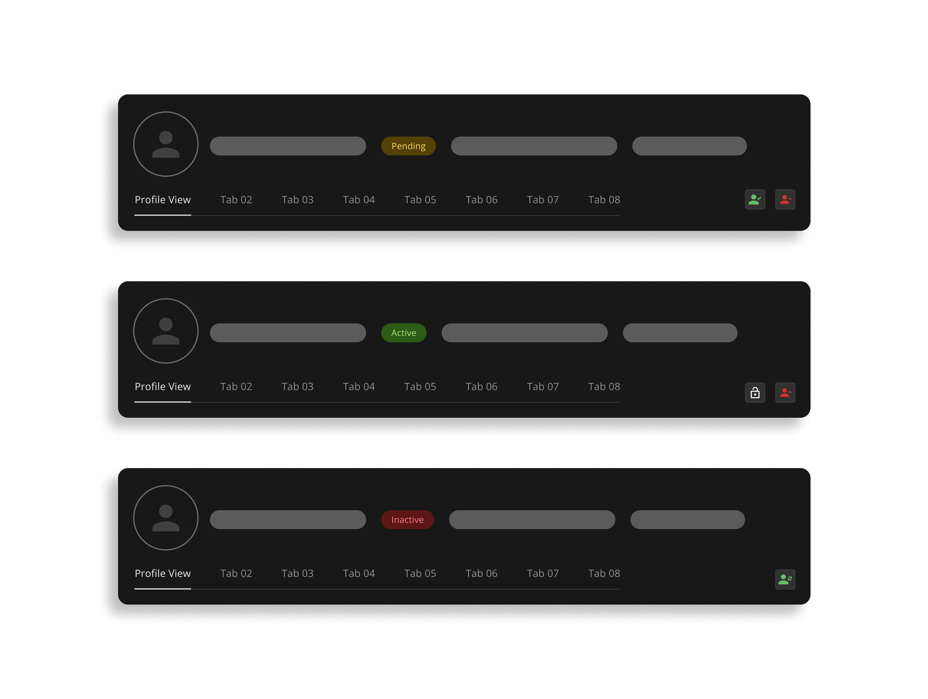 A member profile showing contextual actions across three lifecycle states; password update stays fixed while rehire sits ready alongside terminate.